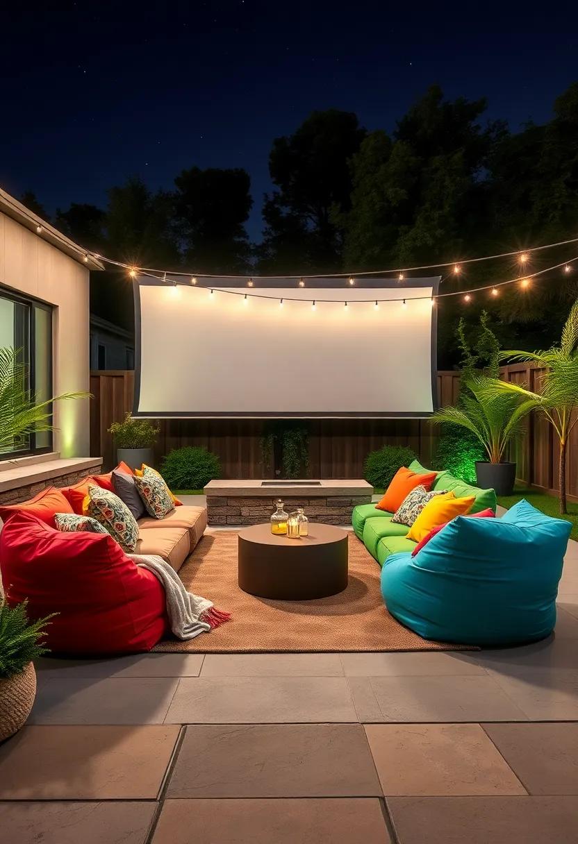 A Plush Seating area with Colorful Bean bags and Soft ⁣blankets‌ Under the Night Sky