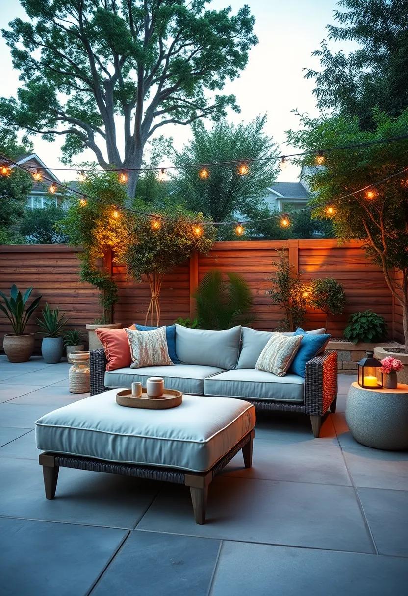 A Relaxing Scene of a cozy Couch⁤ and Ottoman Positioned Perfectly for Outdoor Film ‍Viewing