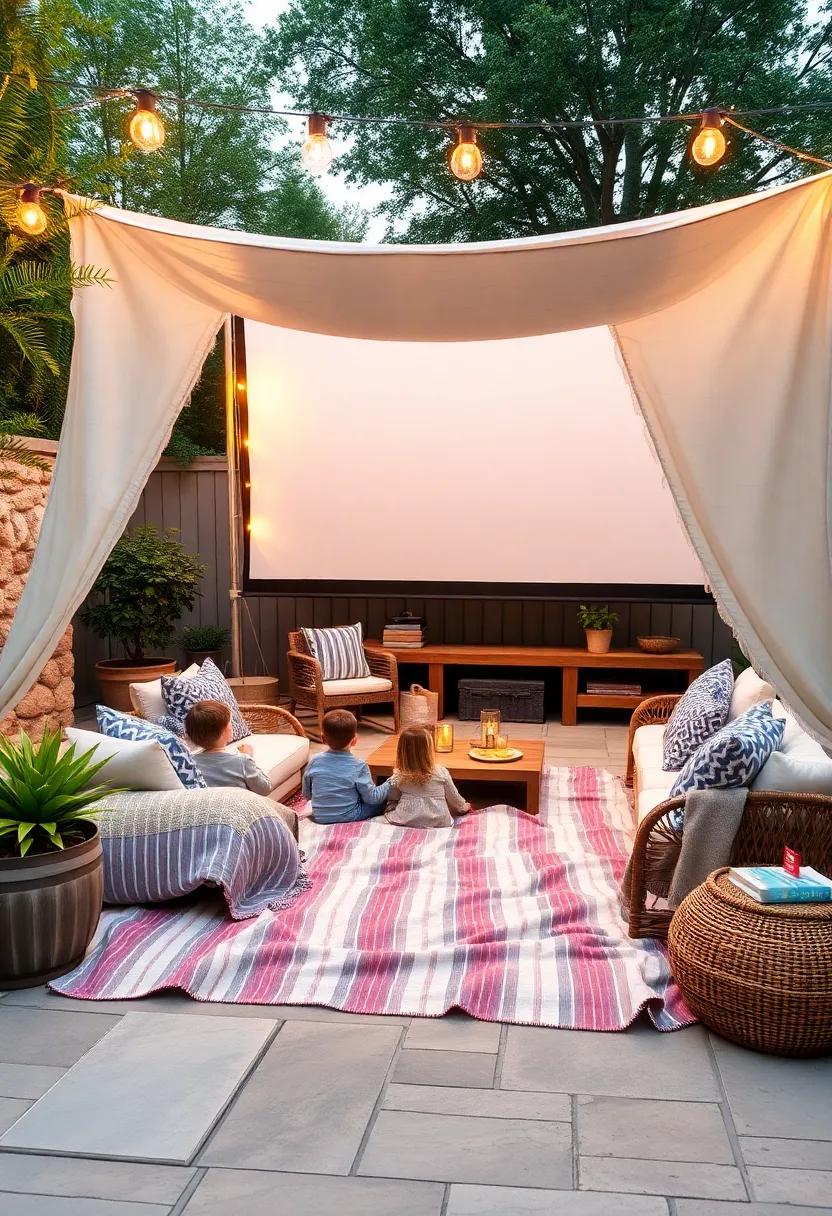 A Stylish​ Blanket ⁣Fort‍ with String⁢ Lights for Kids Next​ to the Outdoor Movie Screen