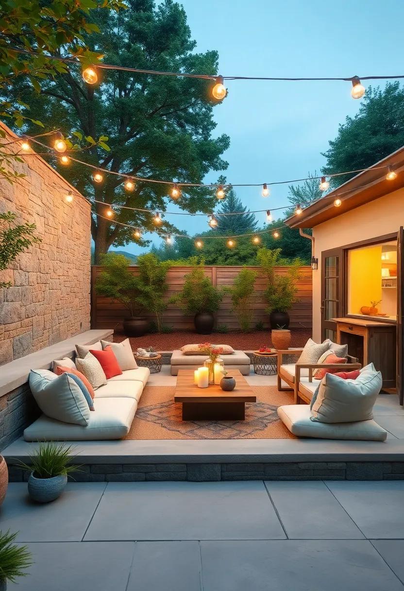 A ⁣Sunken Seating Area with‍ Cushions, Low Table, and Overhead Lanterns Casting gentle‌ Light