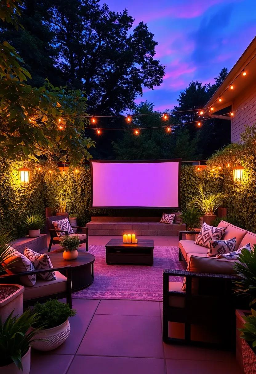 A Vibrant Outdoor Movie Screen Set Against Lush Greenery and Twilight hues