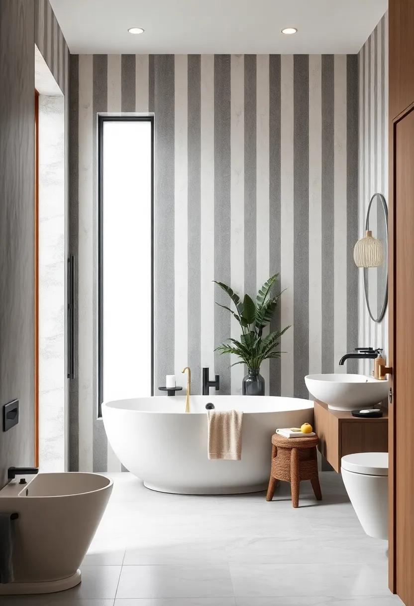 Incorporate grey and white striped wallpaper ⁣for a subtle pattern that refreshes the room
