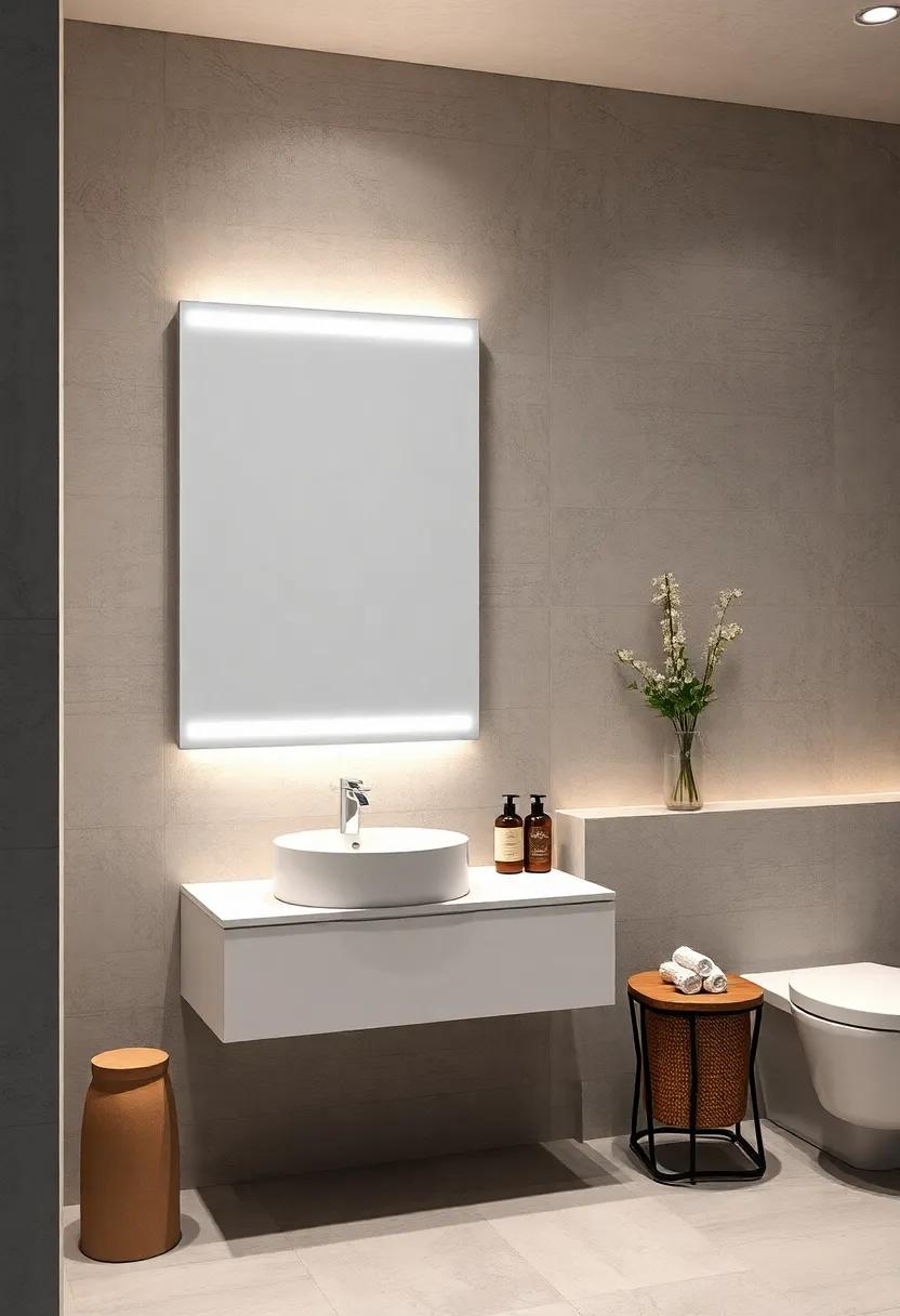 Install a white vanity⁤ mirror ⁢with integrated‌ grey LED lighting for modern ‌functionality