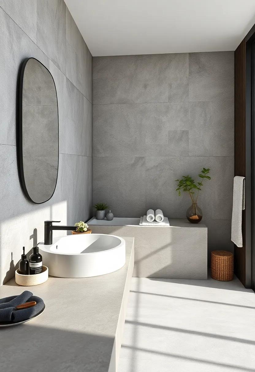 Install a large, ⁤white porcelain sink with grey concrete countertops for industrial chic