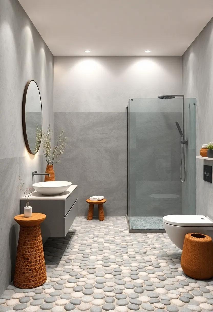 integrate grey pebble⁣ stone tiles on the floor or shower for a natural, organic⁤ vibe