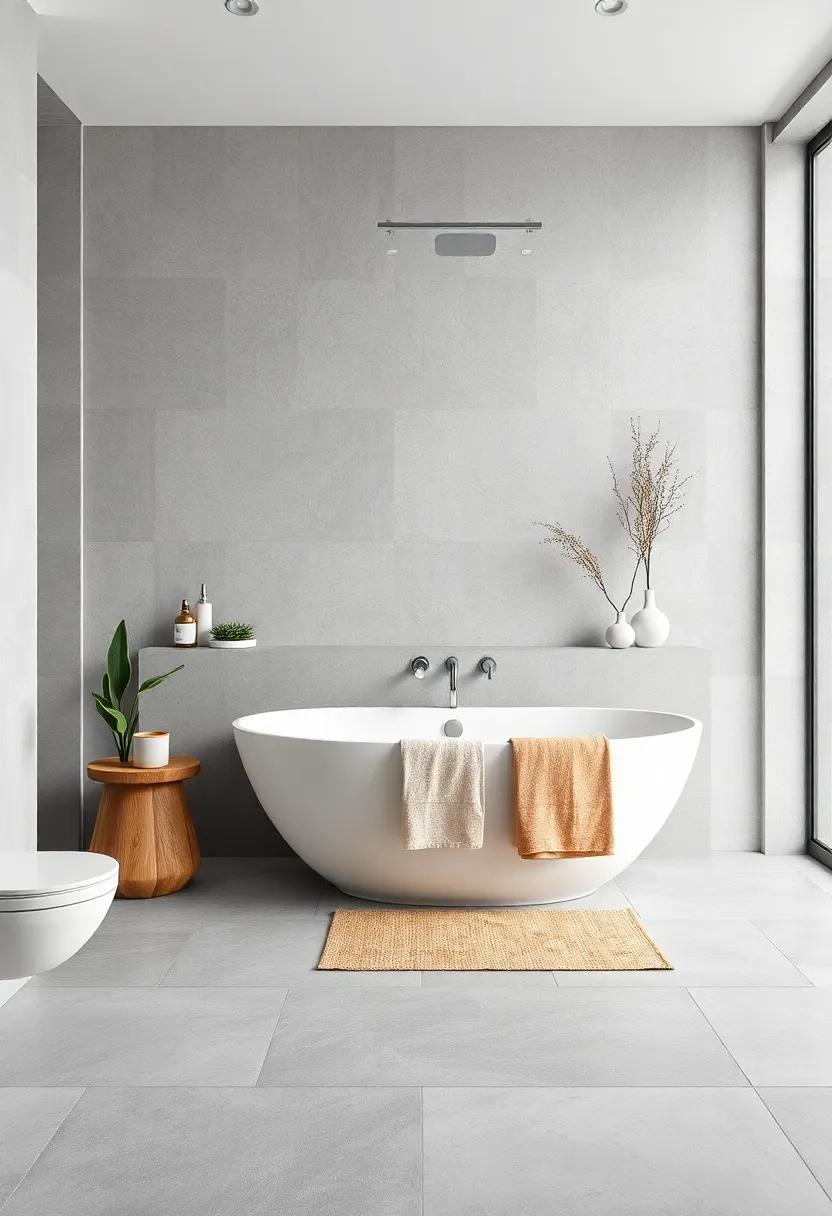 Opt for a crisp white freestanding bathtub with grey stone flooring for a spa-like ‍feel