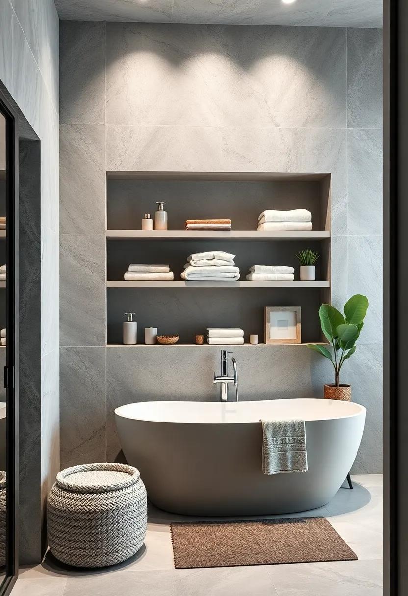 Use open shelving painted in ⁢soft grey to display neatly folded white linens and decor