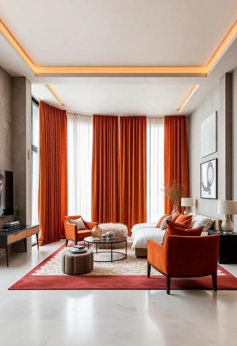 Floor-to-Ceiling velvet Drapes in Burnt Orange to Radiate Warmth