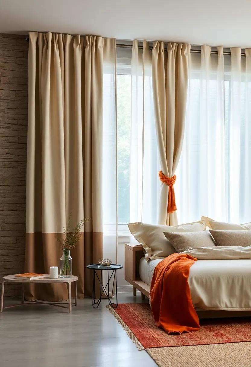 Neutral Toned Linen Curtains with Bold Colored ​Tiebacks for a‍ Pop of Warmth