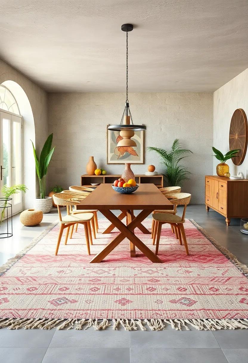 Embrace a mix of textured rugs to add warmth and depth under your dining table