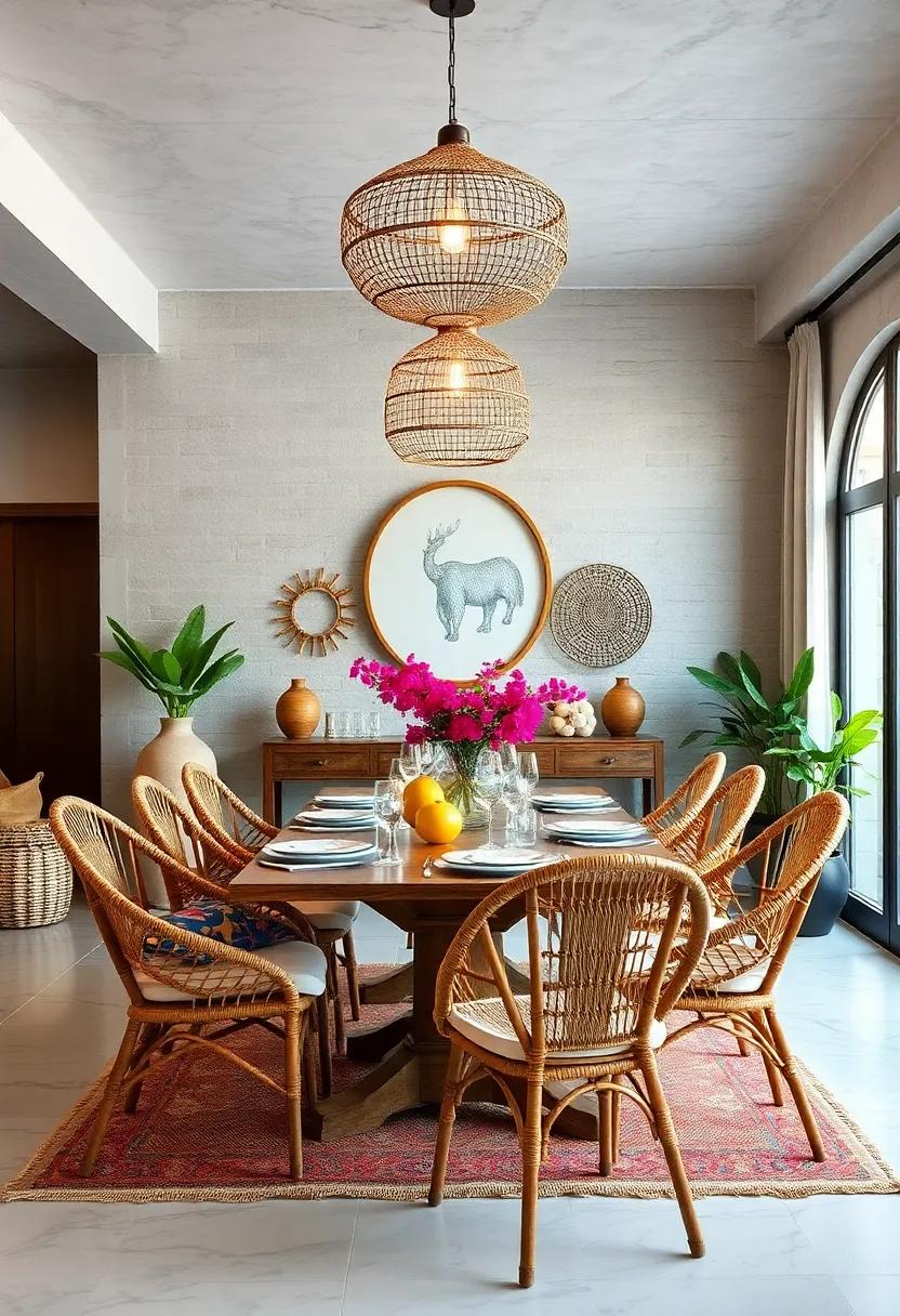 Incorporate natural materials like rattan or wicker for dining chairs and light fixtures
