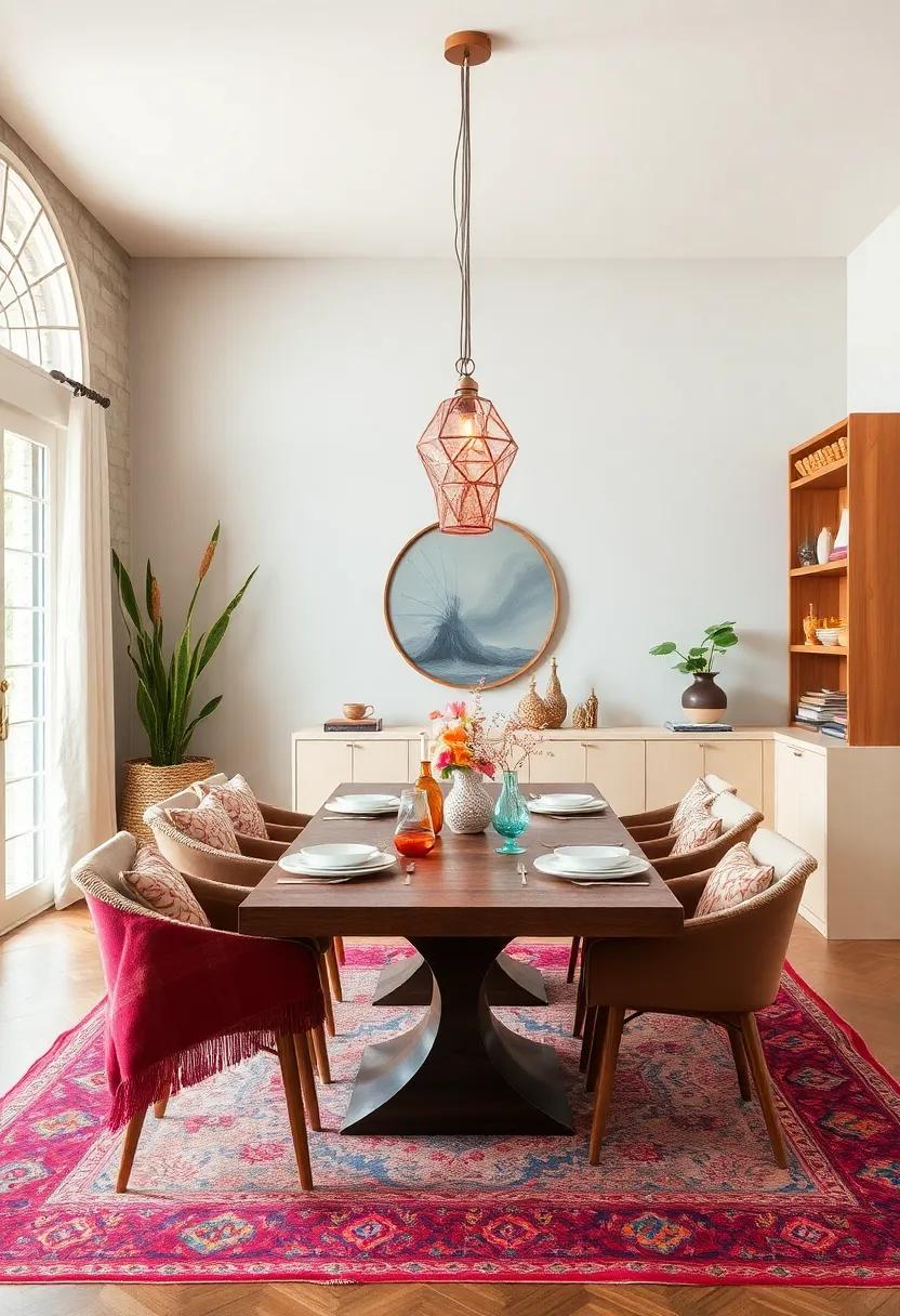 Layer your dining chairs with eclectic cushions featuring boho prints and vibrant colors