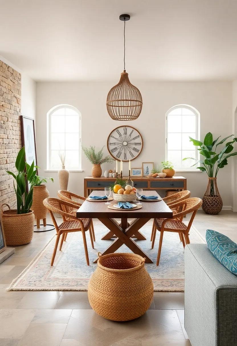 Place woven baskets throughout your dining room for both storage and added texture