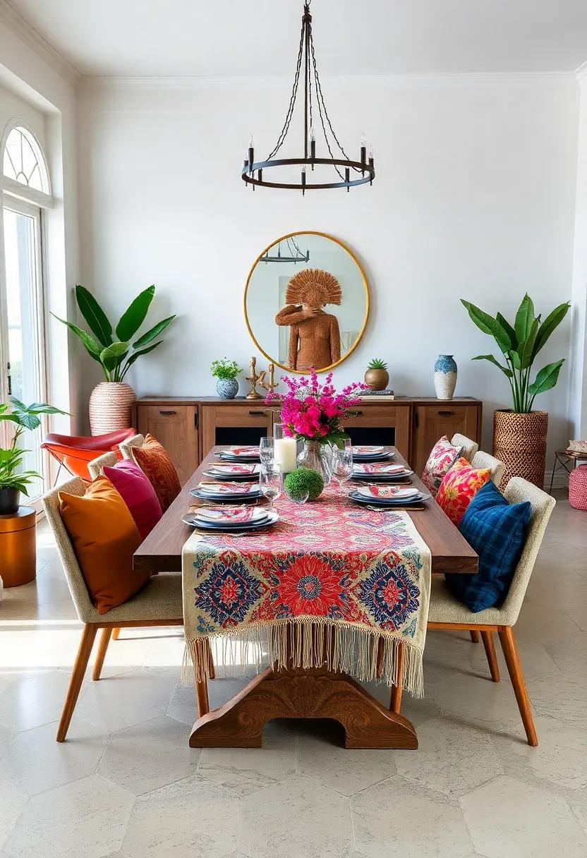 Layer your dining table with vibrant table runners and eclectic cloth napkins