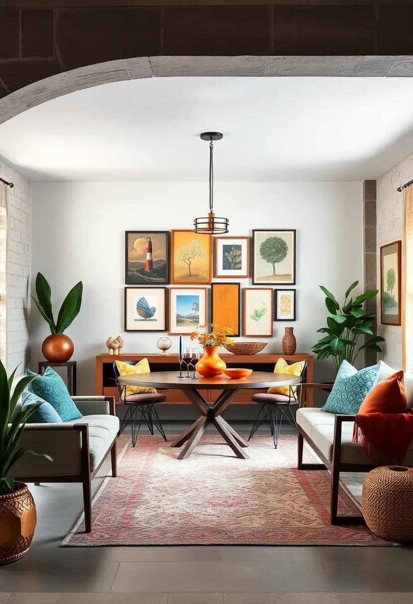 Display a collection of eclectic art pieces or prints in an asymmetrical gallery wall