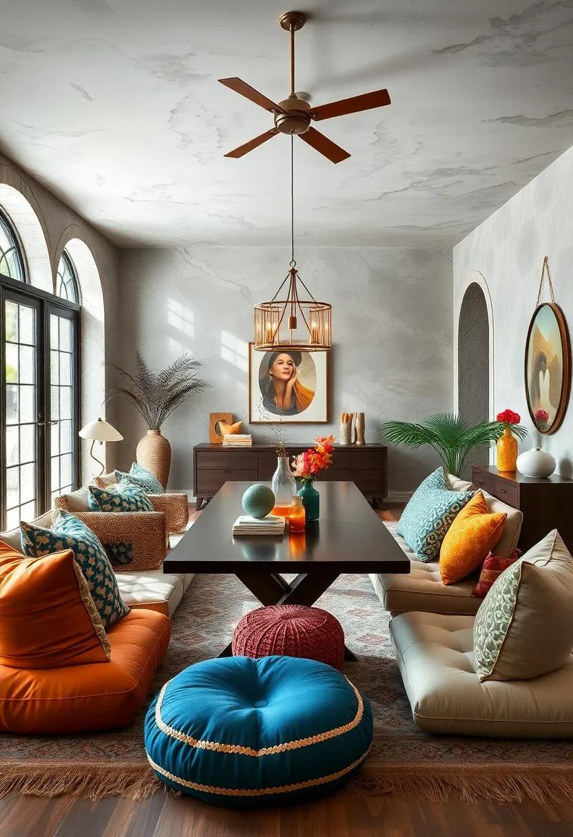 Incorporate low seating options like poufs or floor cushions for an intimate vibe