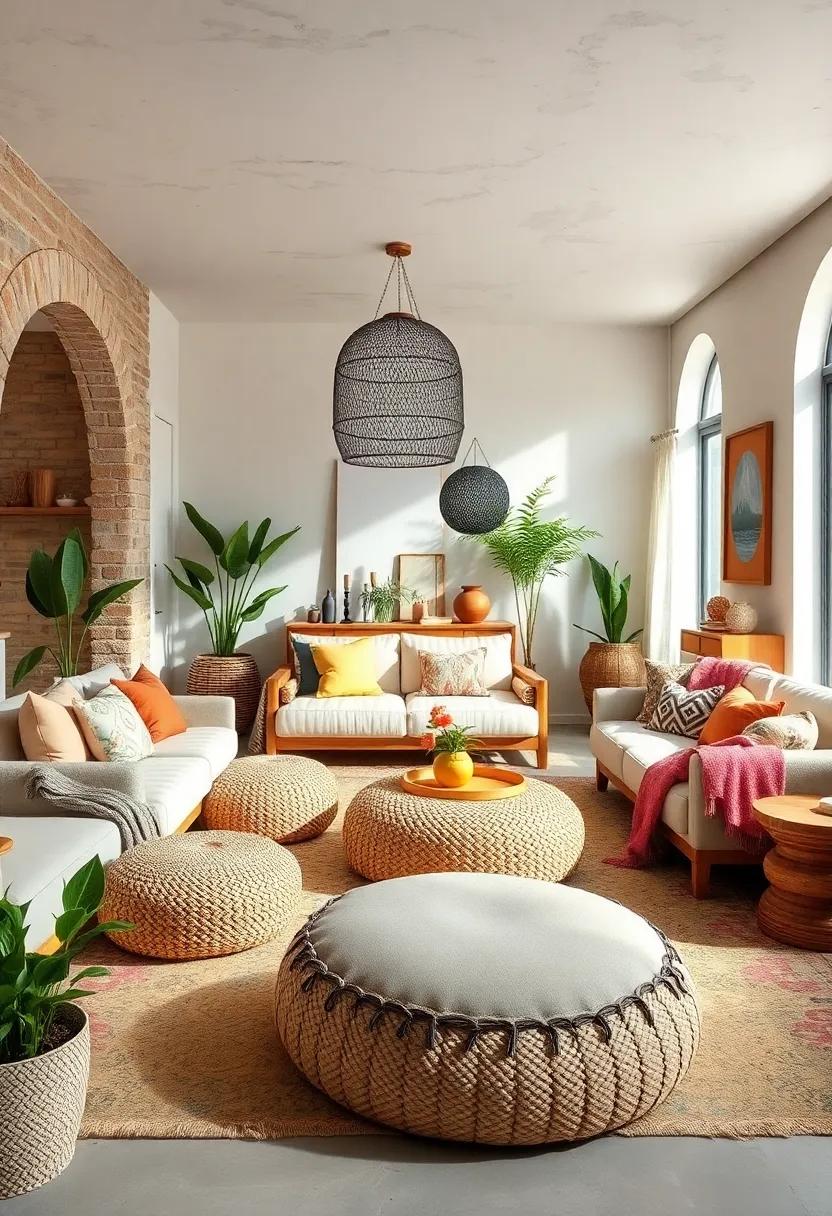 Incorporate woven floor poufs ⁤and⁣ cushions for casual, flexible ‌seating arrangements