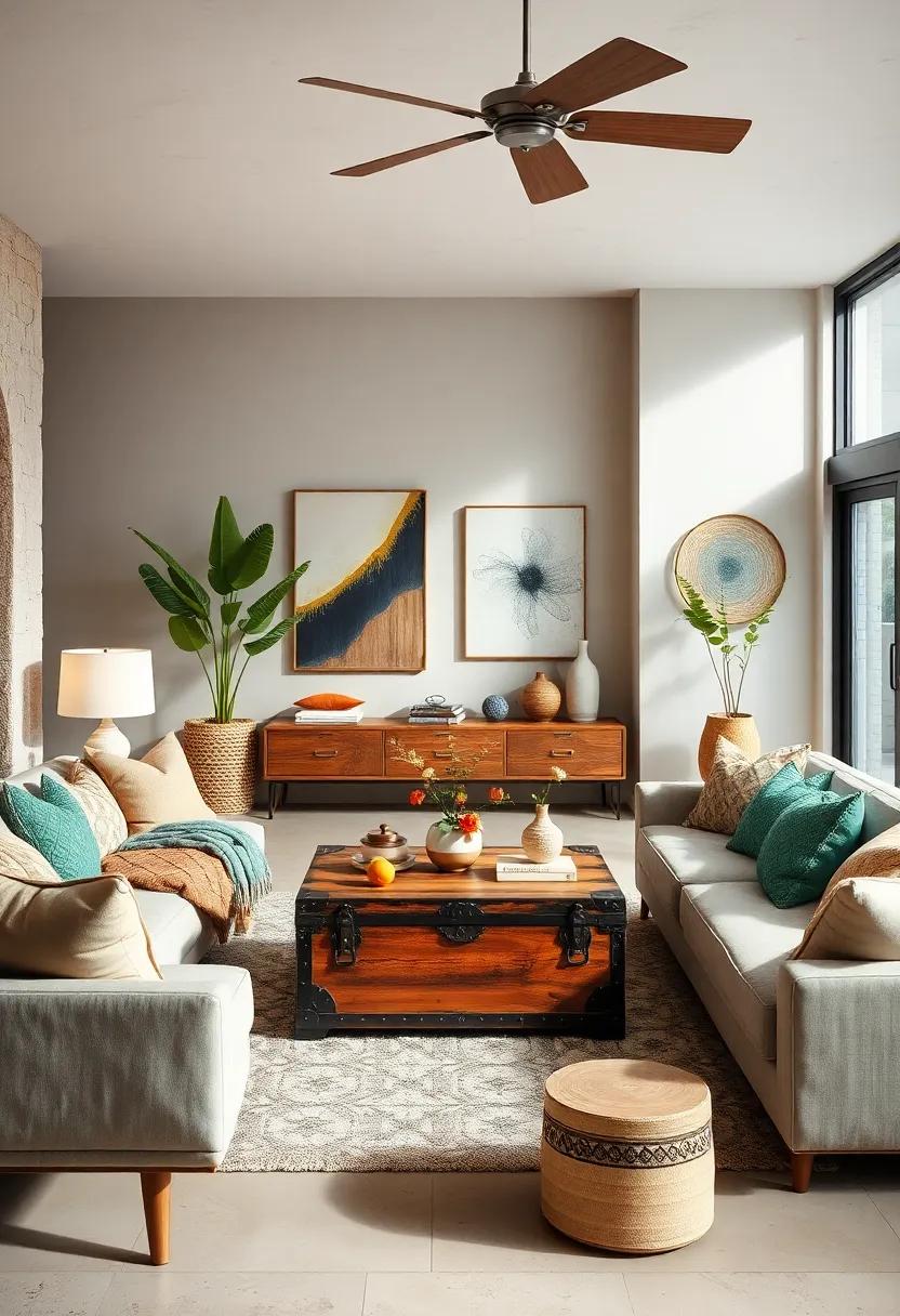 Integrate a vintage trunk or wooden chest as a coffee table to bring rustic charm and​ functionality