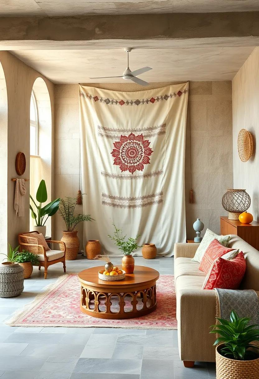 Hang light, airy tapestries ‌or textiles to soften large wall spaces with bohemian flair