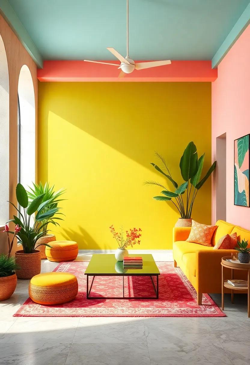 Tropical Sunrise: Vibrant coral, sunny yellow, lush green, and aqua blue for a lively and refreshing atmosphere