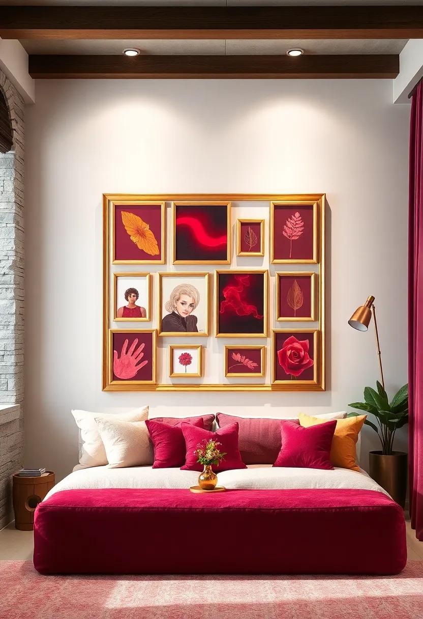 Gold-Framed gallery Wall featuring ⁤Burgundy and Metallic Prints