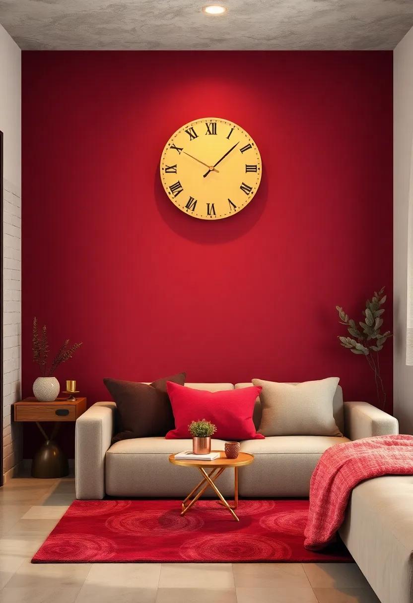Minimalist Gold Wall​ Clock on a Burgundy Accent Wall