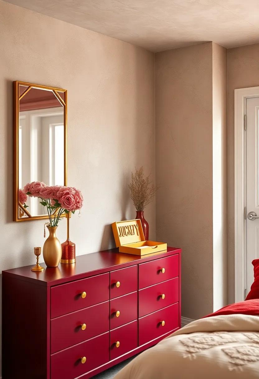 Gold ‍Jewelry organizer set on a Burgundy Dresser