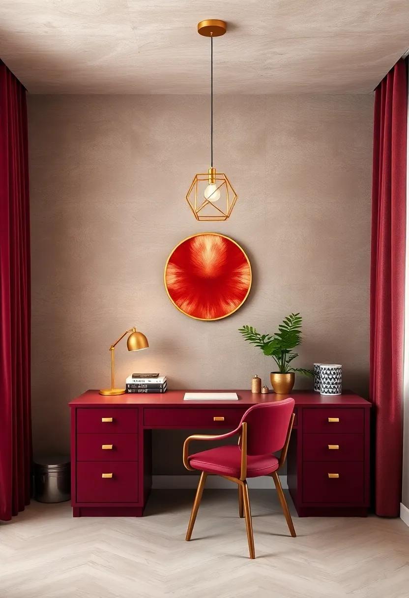 Gold Geometric Pendant Lights over⁣ a Burgundy Desk