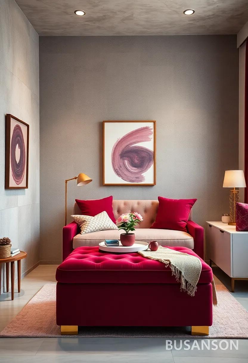 Burgundy⁢ Storage Ottoman with a Gold Base