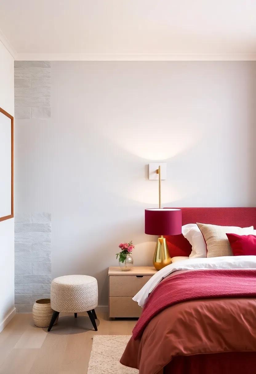 Gold Mirrored⁢ nightstand⁣ next to a Burgundy Bed