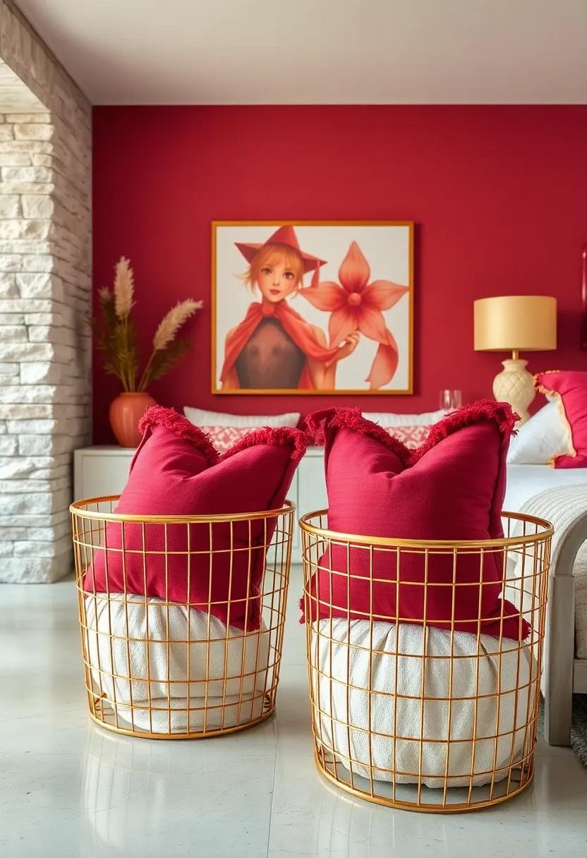 Gold Wire Baskets​ filled with Burgundy Decorative Pillows