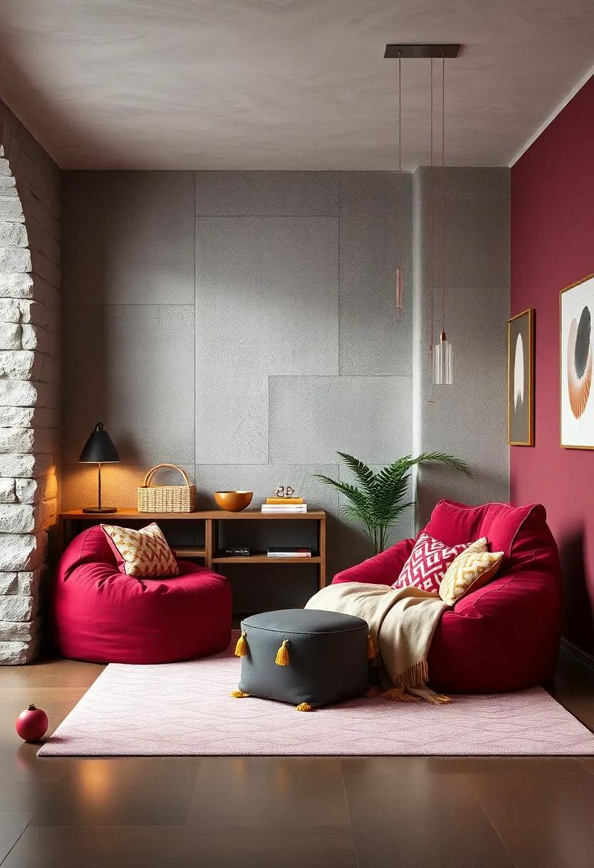 Burgundy Bean Bag Chair with Gold Tassel Details