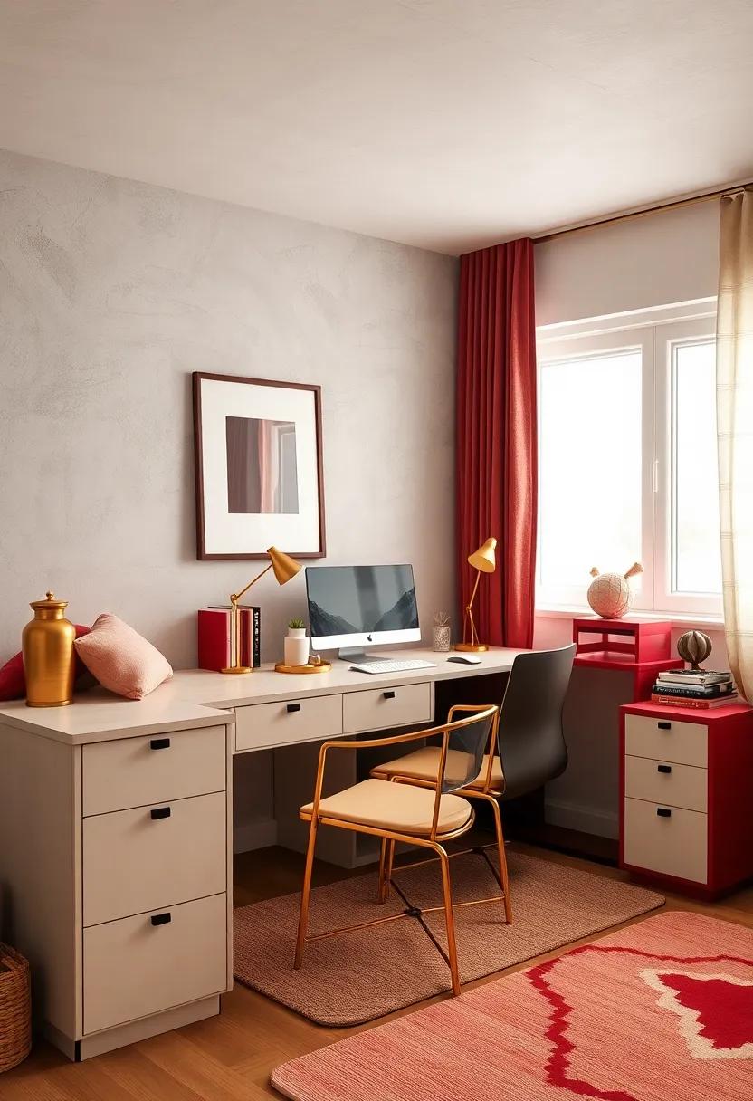 Sleek ‌Gold Desk accessories atop a Burgundy Workstation