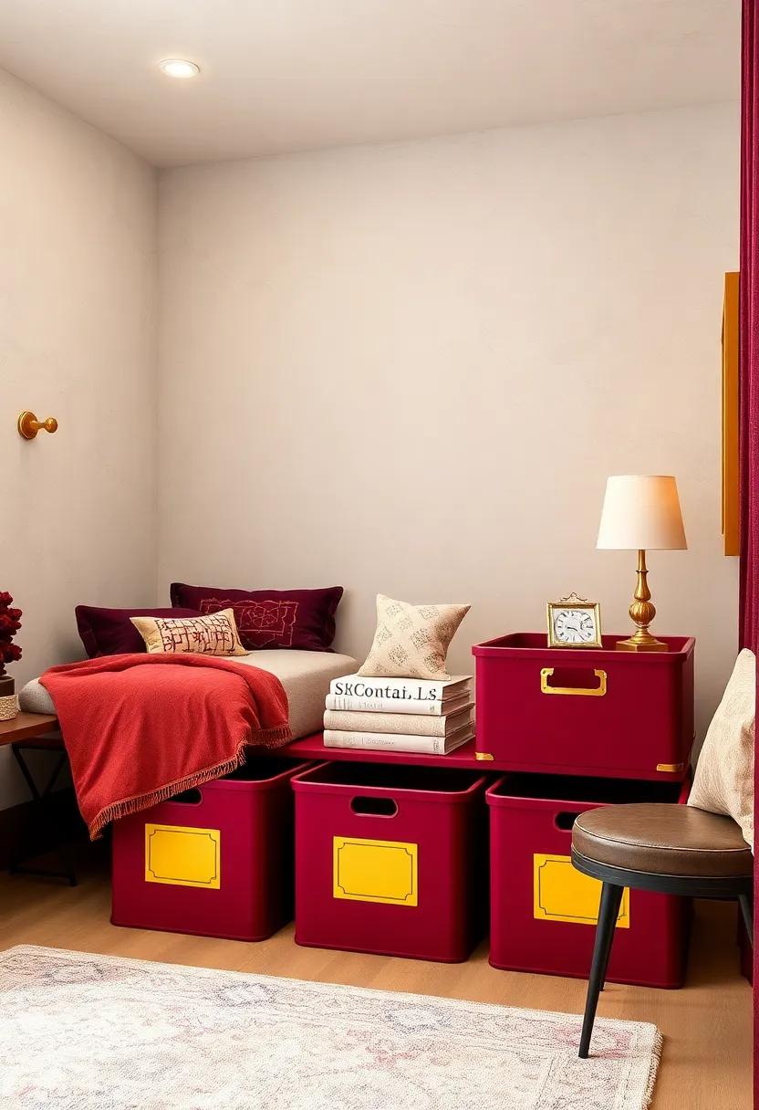 Burgundy Storage Bins with gold Labels ⁣for Organization