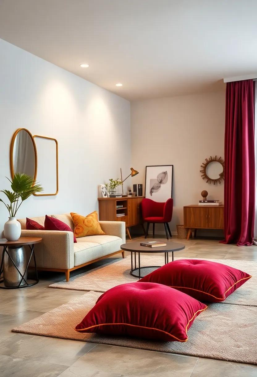 burgundy ‌Floor ​Cushions featuring Gold Stitching