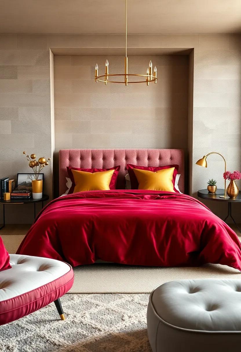 Plush Burgundy ‍Velvet Bedding paired with Gold Throw Pillows