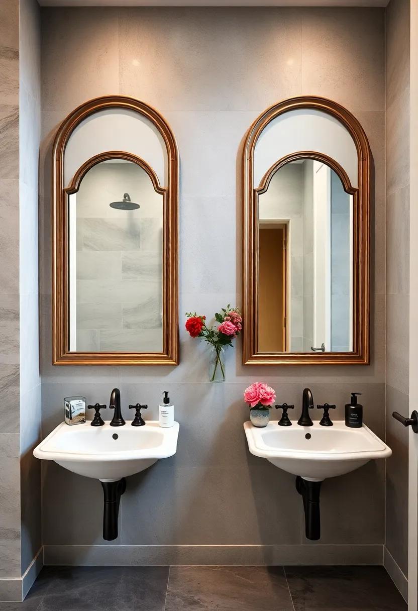 Classic Arch-Shaped Mirrors with Decorative Frames Above Vintage Sinks