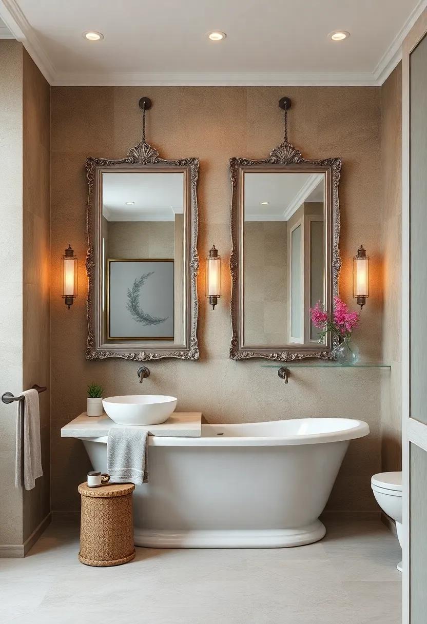 Classic Bathroom Featuring Mirrored Wall Art Framed in Ornate Silver Designs