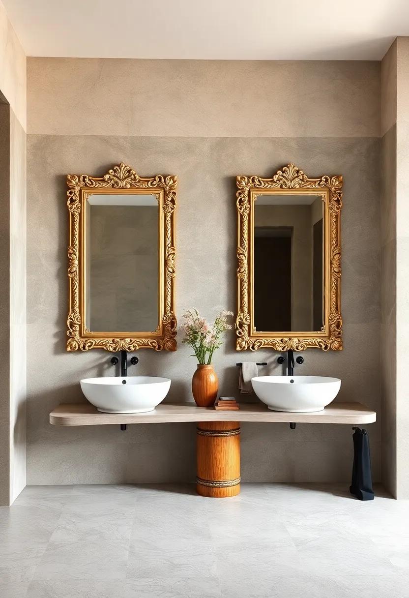 Delicate floral Carvings on Mirror Frames Enhancing Traditional Bathroom Ambiance