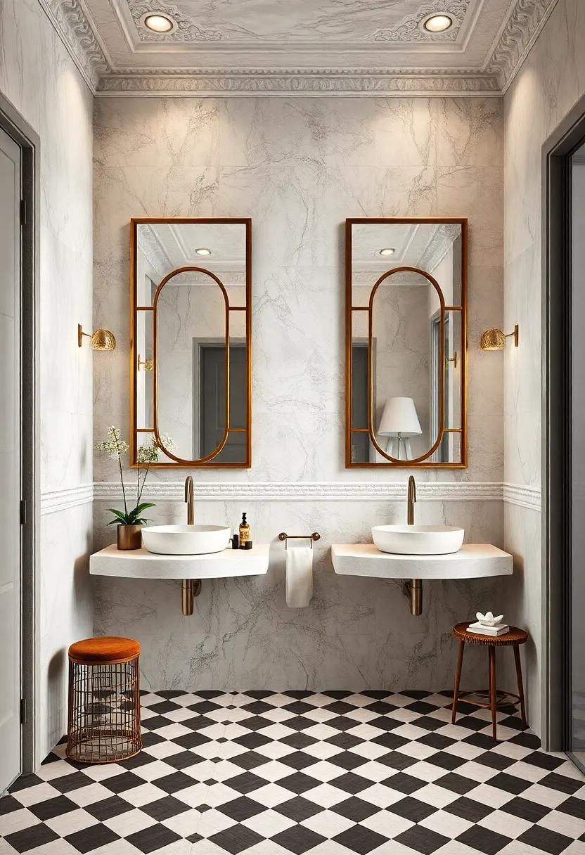 Elegant Framed Mirrors as Focal Points in Bathrooms with Checkerboard Tiles