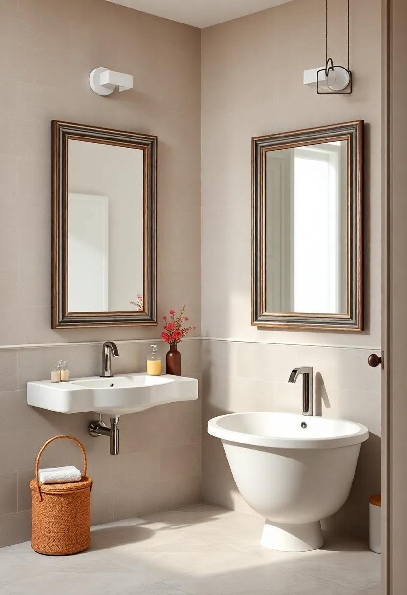 Mirror Frames with Subtle Patina Evoking Vintage Charm in a Classic Bathroom