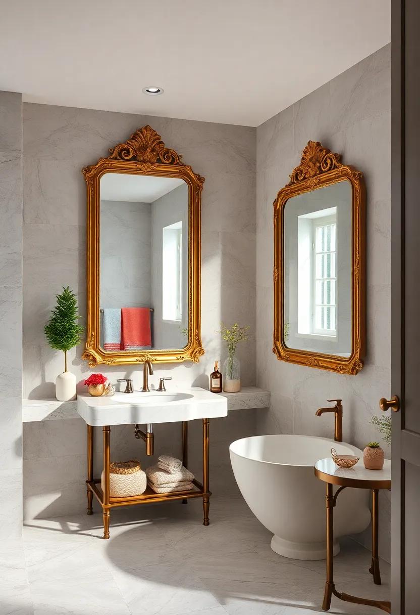Ornate Gold Frames Surrounding Clear Glass Mirroring Vintage Vanity Details
