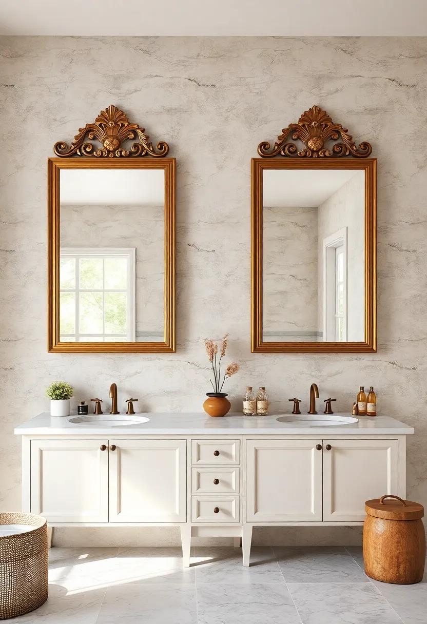 Oversized Statement Mirrors with Ornamental Frames Above Double Vanities