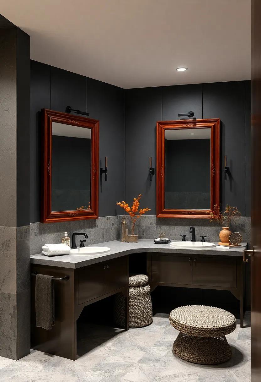 Rich Mahogany Framed Mirrors Enhancing Dark Toned Classic Bathroom Design