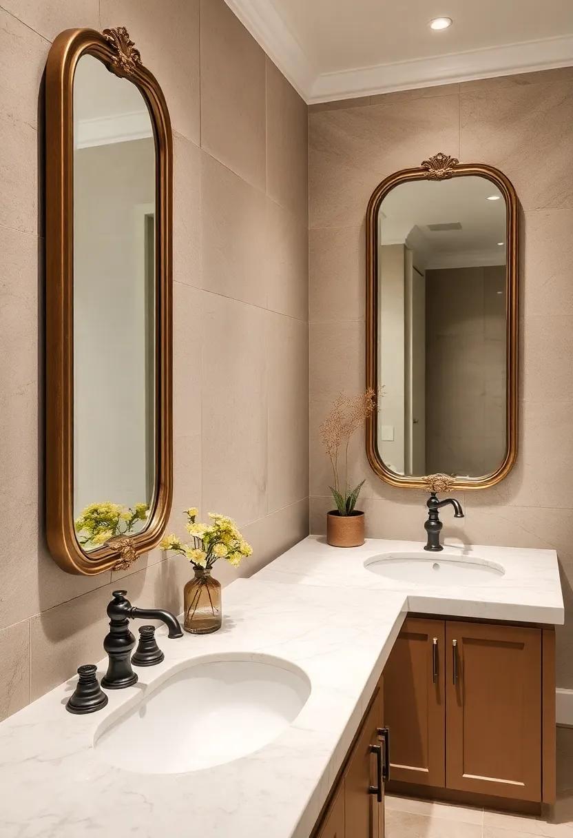 Sculptural Mirror Frames Paired with Marble Countertops and Antique Faucets