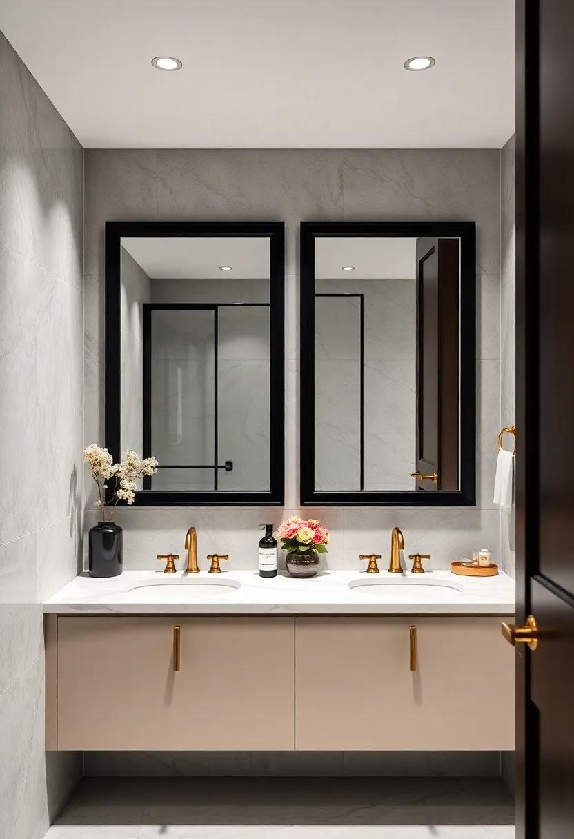Sleek Black Framed Mirrors Contrasting White Marble and Brass Fixtures
