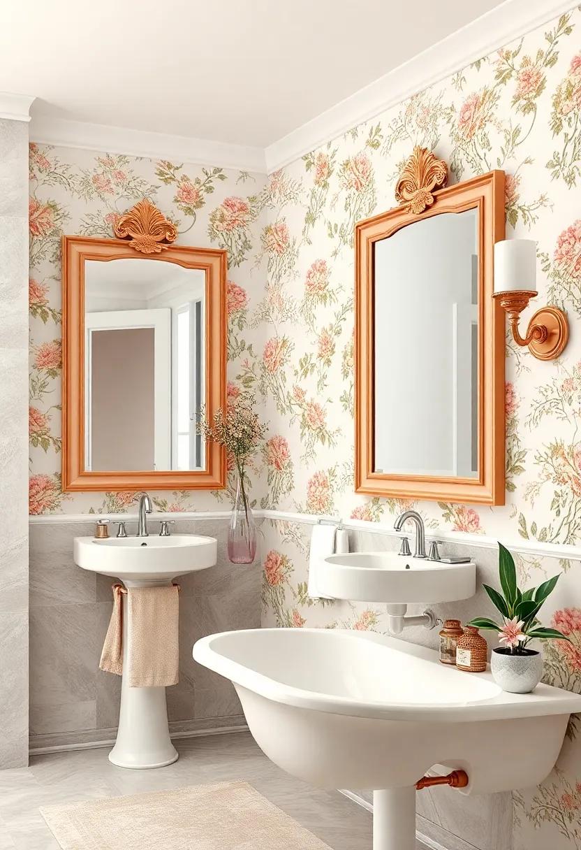 Soft Pastel Colored Frames Complementing Floral wallpaper and Classic Fixtures