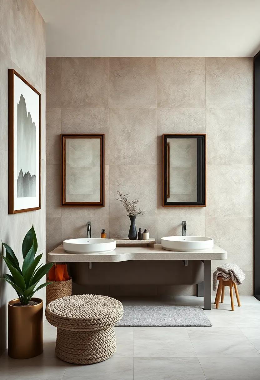 Subdued Neutral Frames Blending Seamlessly into classic Bathroom Backdrops