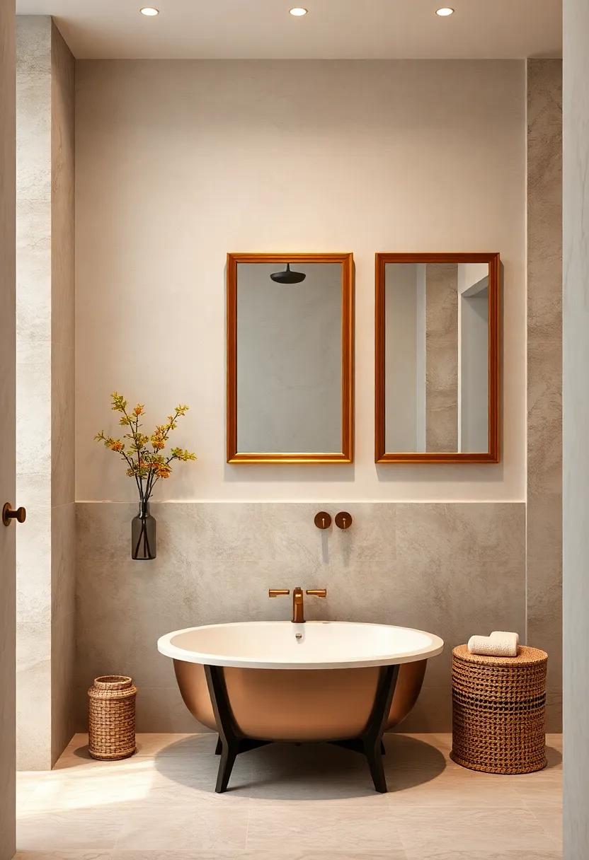 Warm metallic Frames Adding Subtle Shimmer to Timeless Bathroom Scenes