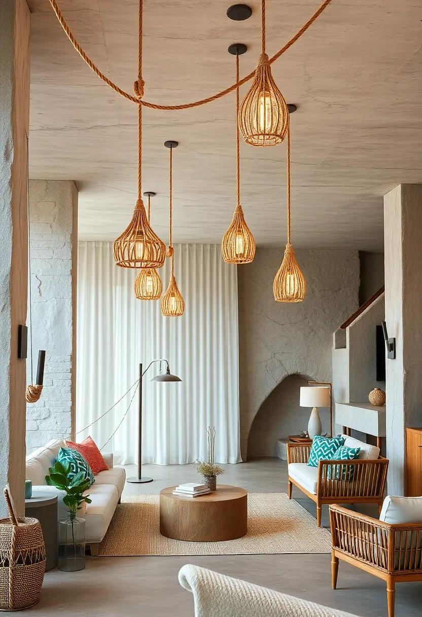 Floating Rope Light Fixtures: Suspended lights with natural fibers mimic the motion⁢ of waves